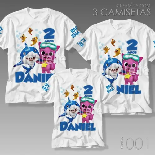 Kit 3 Camisetas Baby Shark Bebê Tubarão Festa Aniversário