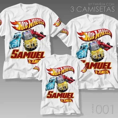 Kit 3 Camisetas Hot Wheels Personalizada com Nome e Idade