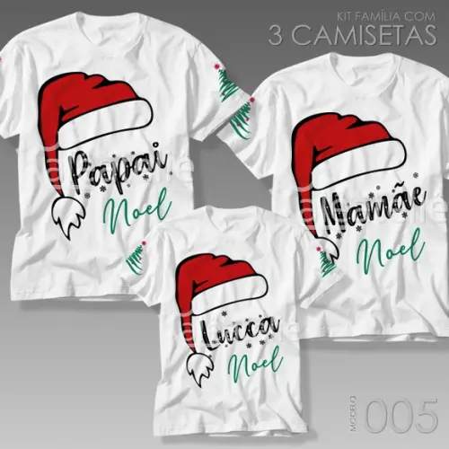 Kit 3 Camisetas Natal Gorro Papai Noel Personalizada