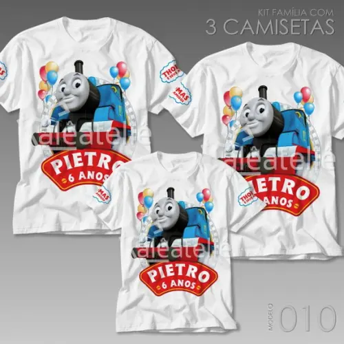 Kit 3 Camisetas Thomas e seus Amigos Festa com Nome e Idade