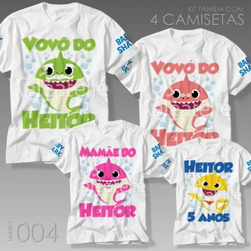 Kit 4 Camisetas Baby Shark Festa Aniversário Kit Família