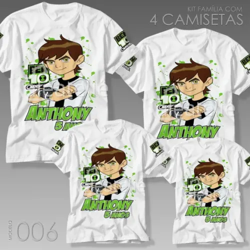 Kit 4 Camisetas Ben 10 Kit Família Festa Personalizada