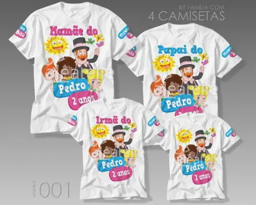 Kit Família 4 Camisetas Mundo Bita e Animais Personalizadas
