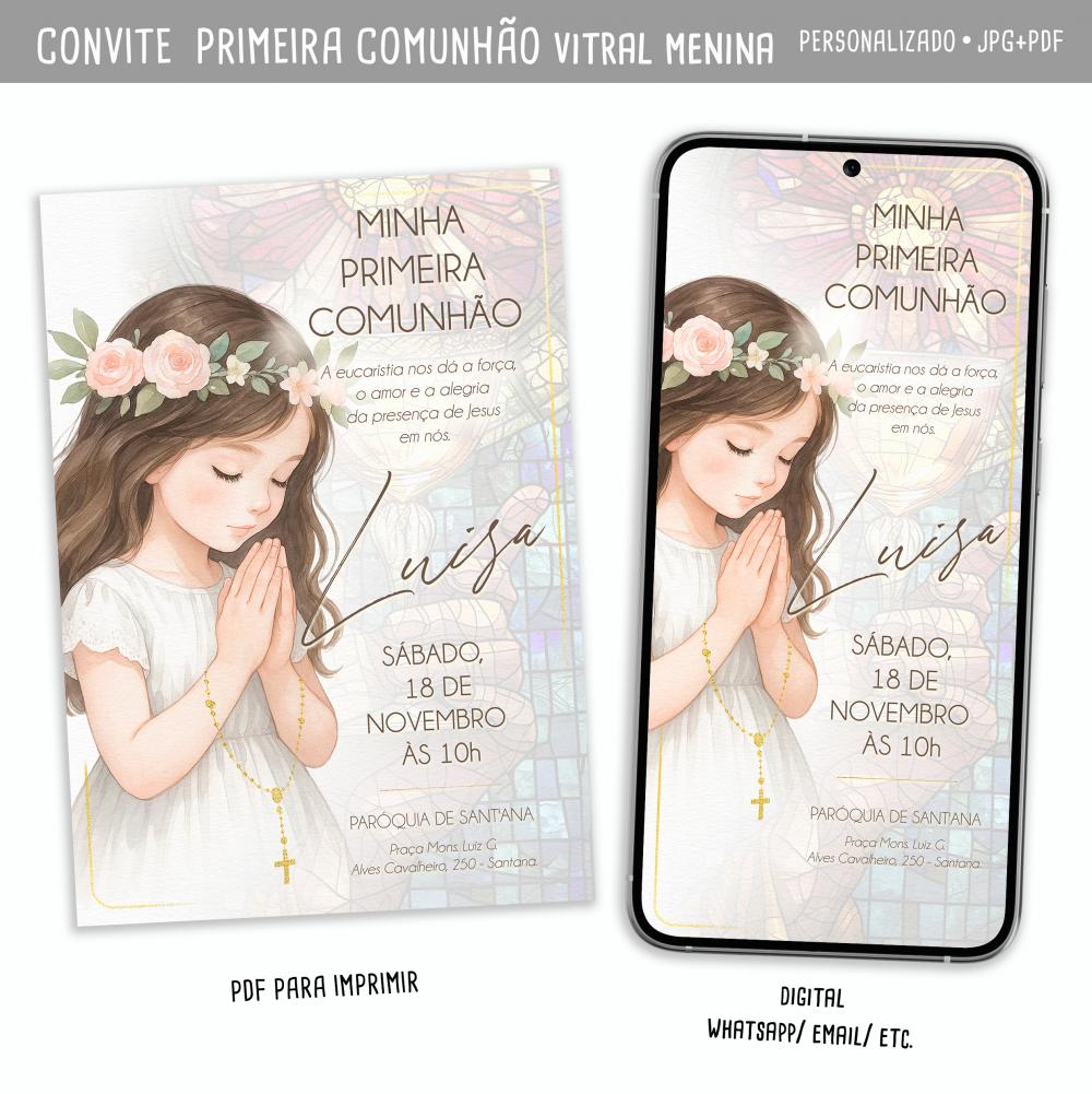 Convite Digital Primeira Comunhão Vitral Menina
