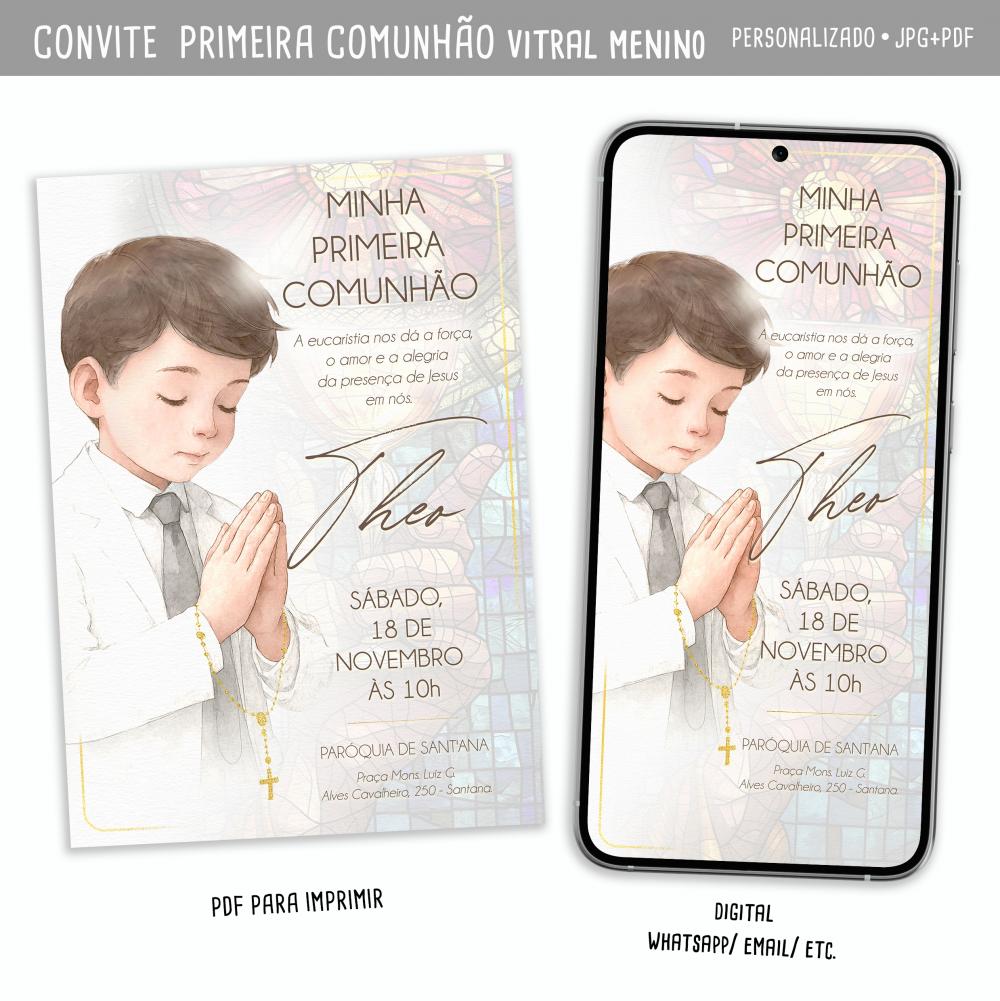 Convite Digital Primeira Comunhão Vitral Menina
