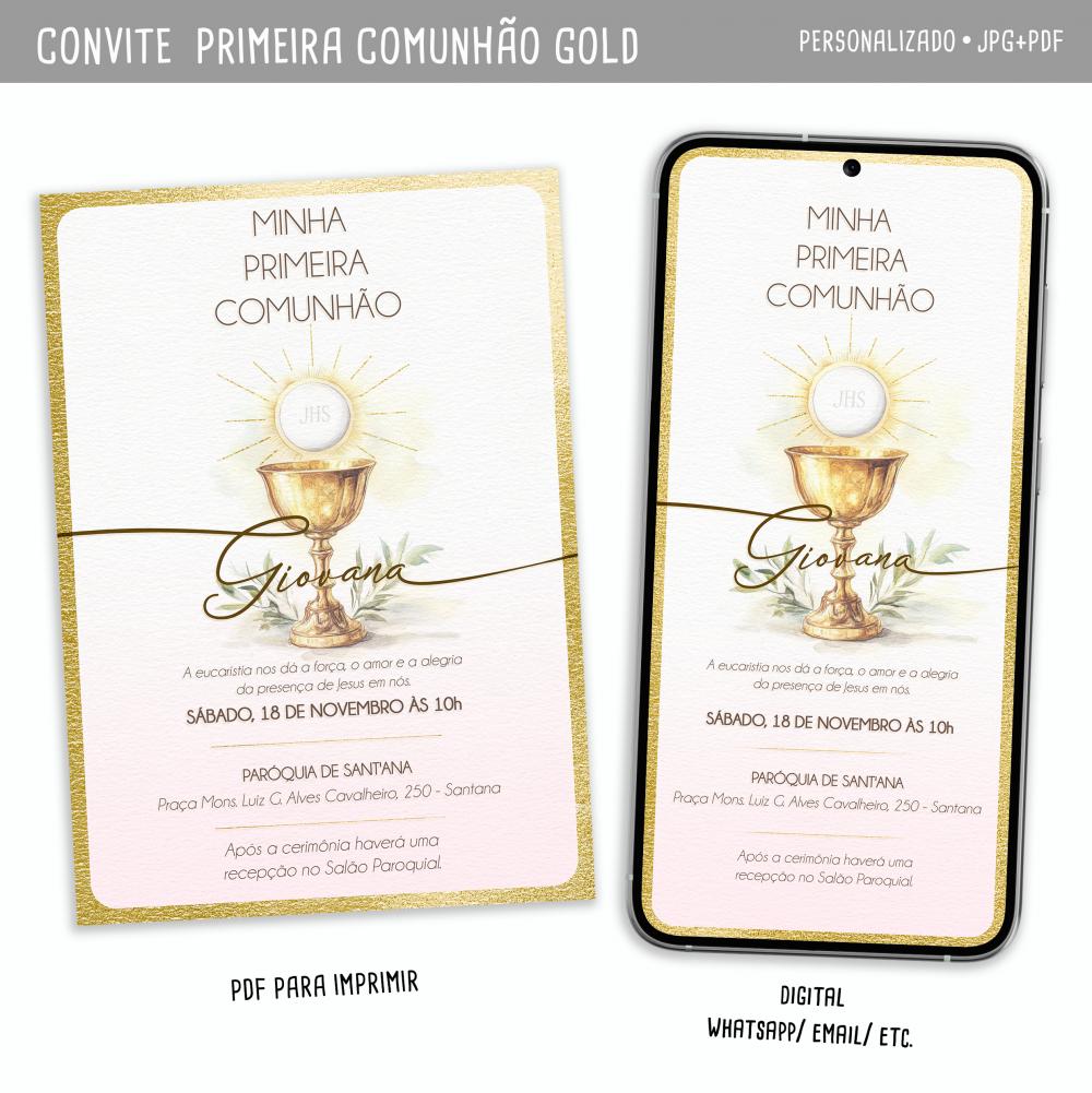Convite Digital Primeira Comunhão/ Eucaristia Gold Menina