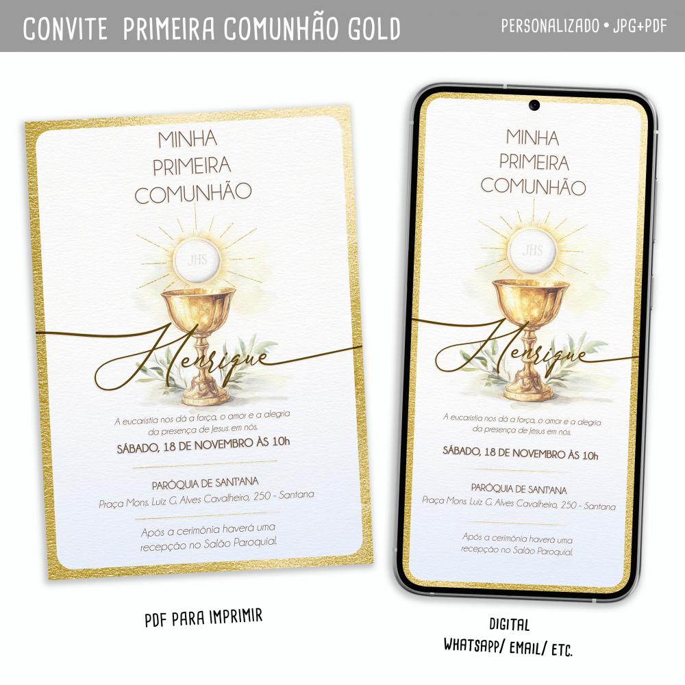 Convite Digital Primeira Comunhão/ Eucaristia Gold Menina