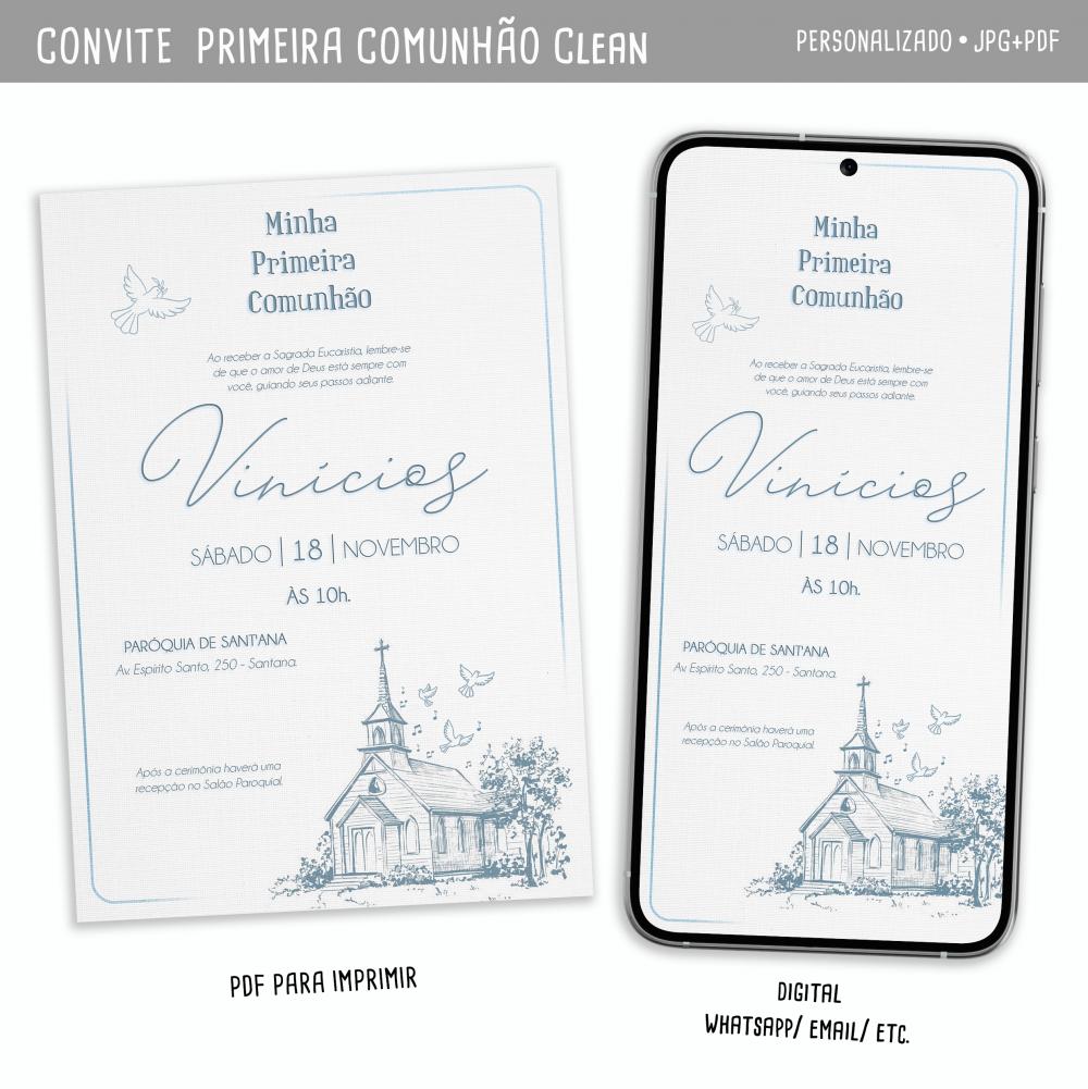 Convite Digital Primeira Comunhão Clean Menino