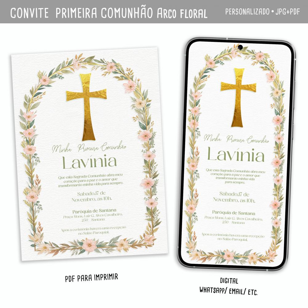 Convite Digital Primeira Comunhão Arco Floral Menina