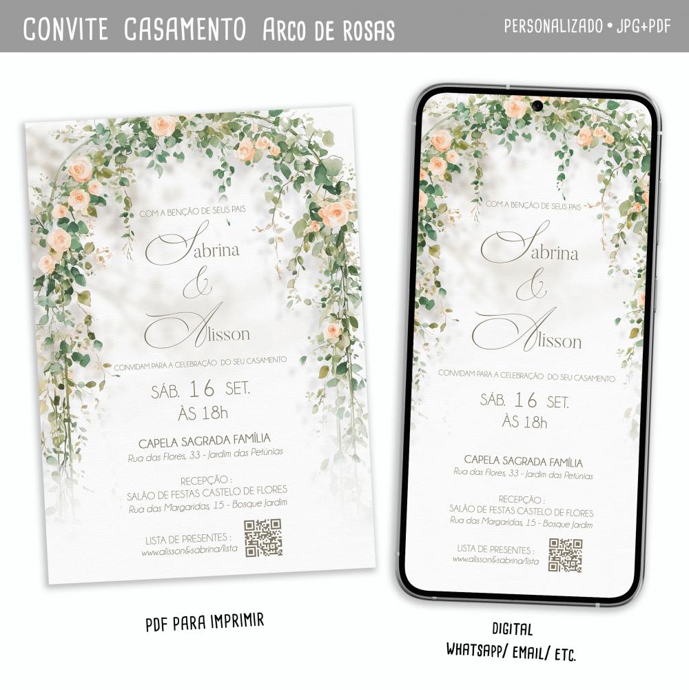 Convite Digital Casamento Floral/ Rosas champagne