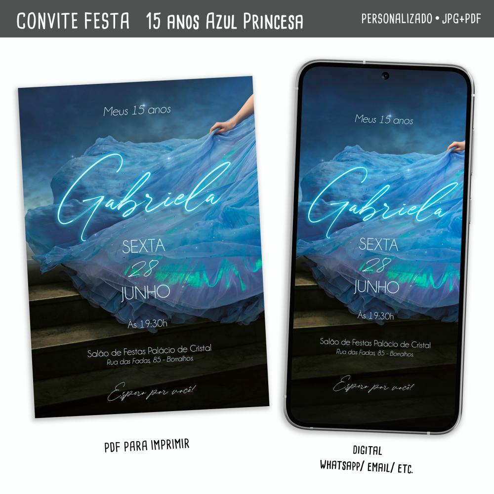 Convite Digital 15 Anos Azul Princesa Cinderela