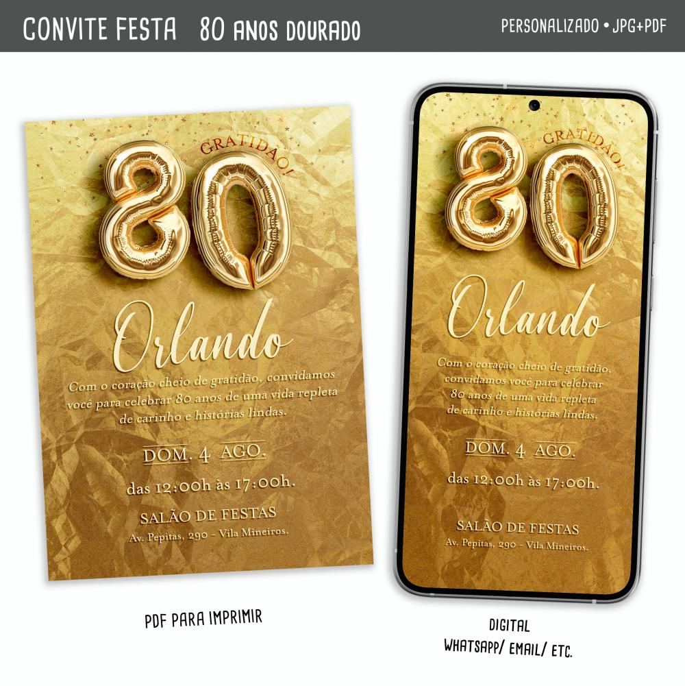 Convite Digital 80 Gratidão (para Todas as Idades/ Unisex)