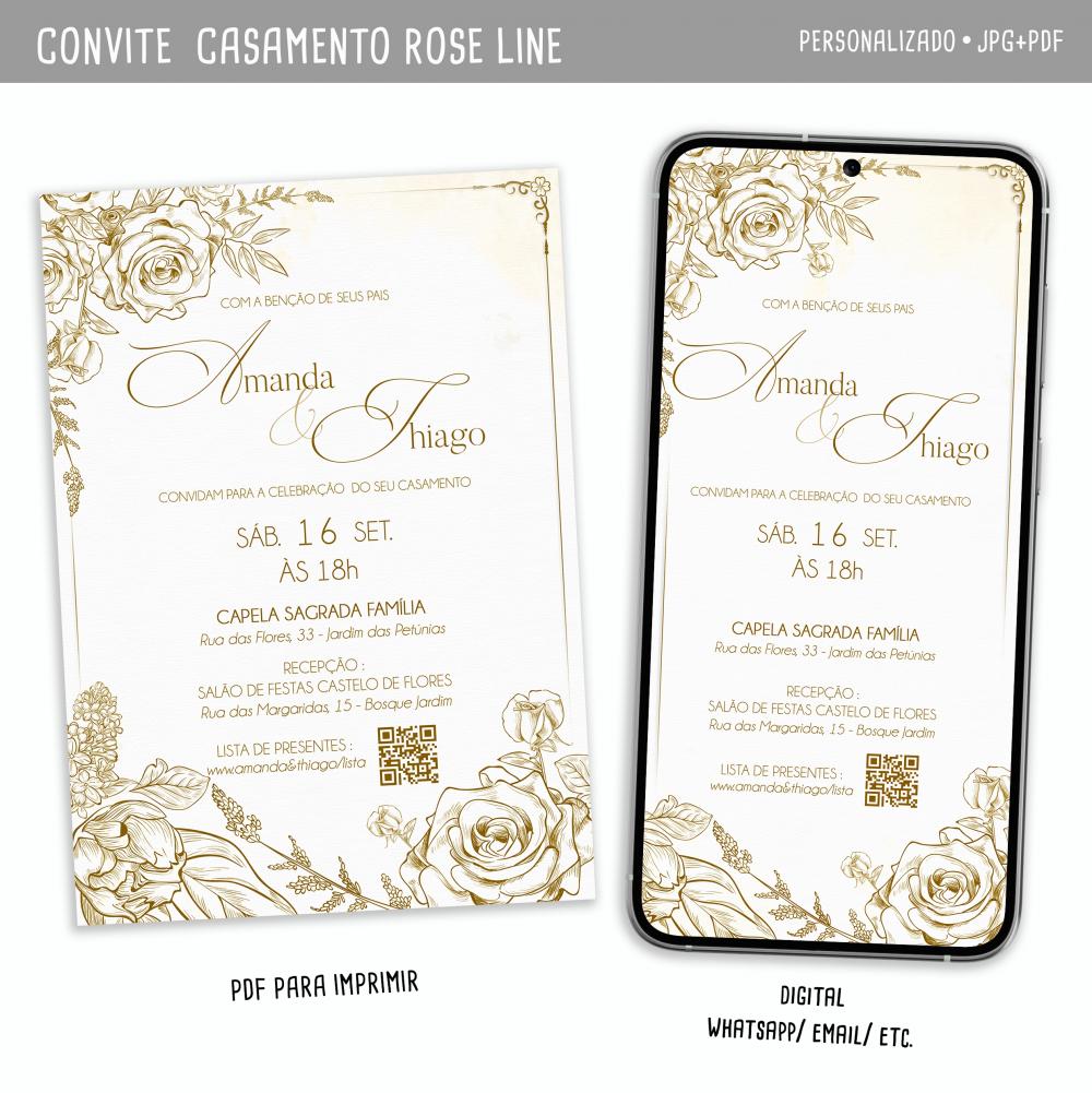 Convite Digital Casamento Rose Line / Casamento Champanhe
