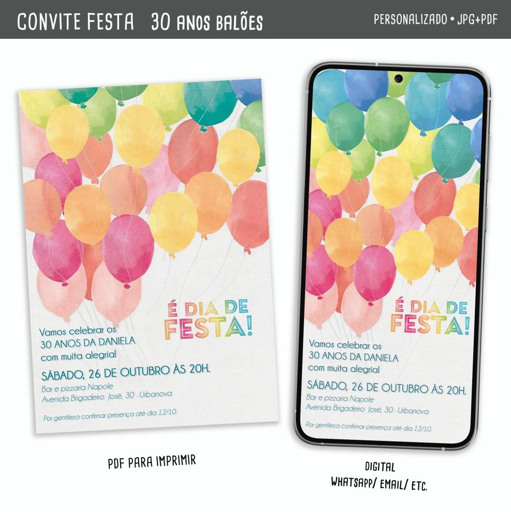 Convite Digital 30 Anos Balões (unisex/para Todas as Idades)