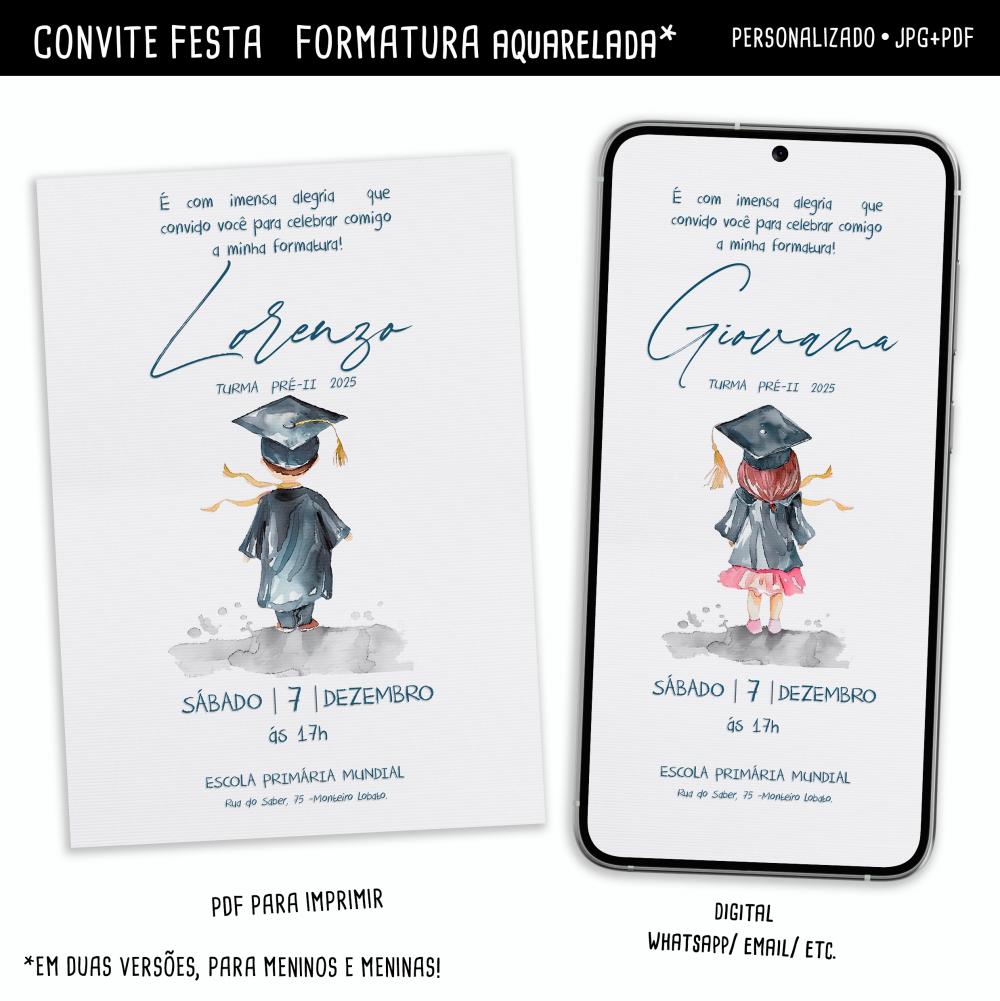Convite Digital Formatura Aquarelada Kids / Menino & Menina