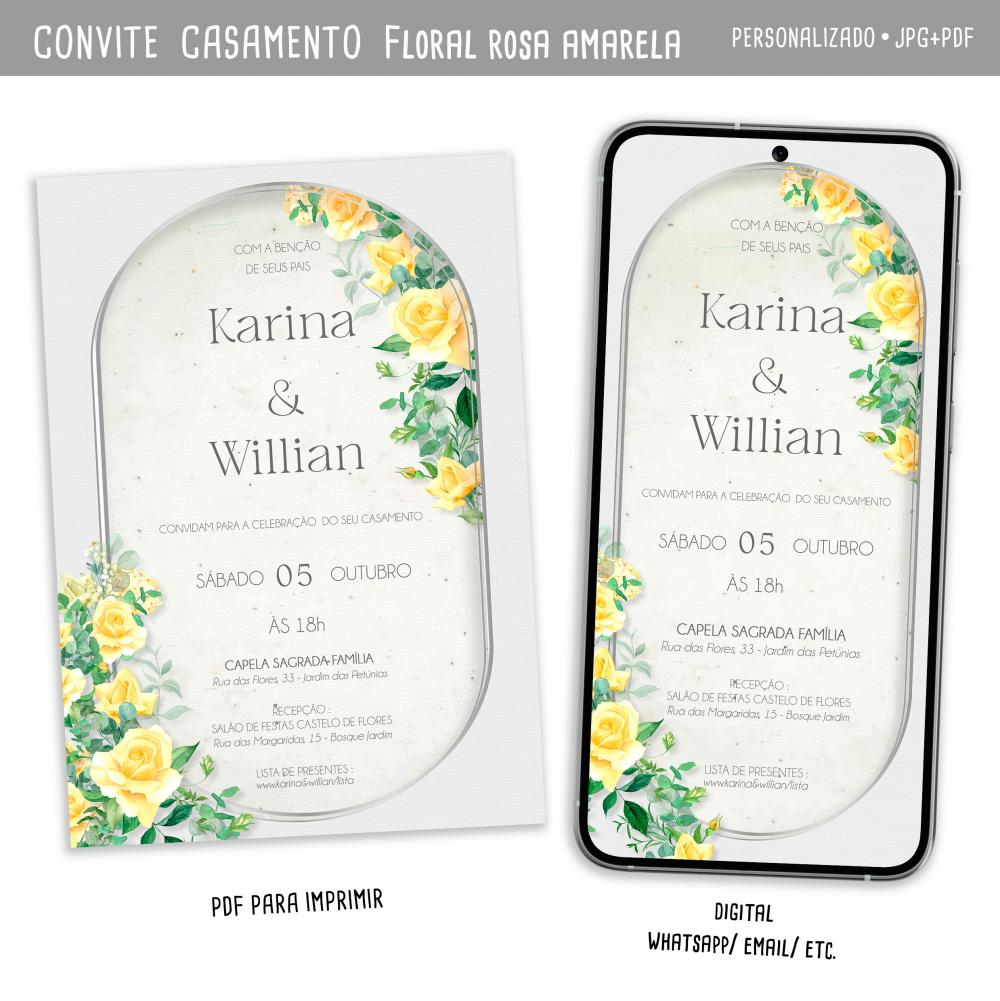 Convite Digital Casamento Floral/ Rosas Amarelas