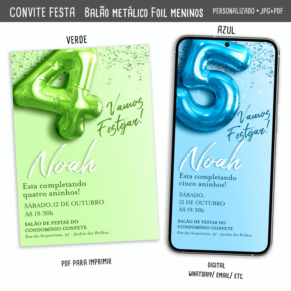Convite Digital Balão Metálico Foil Meninos