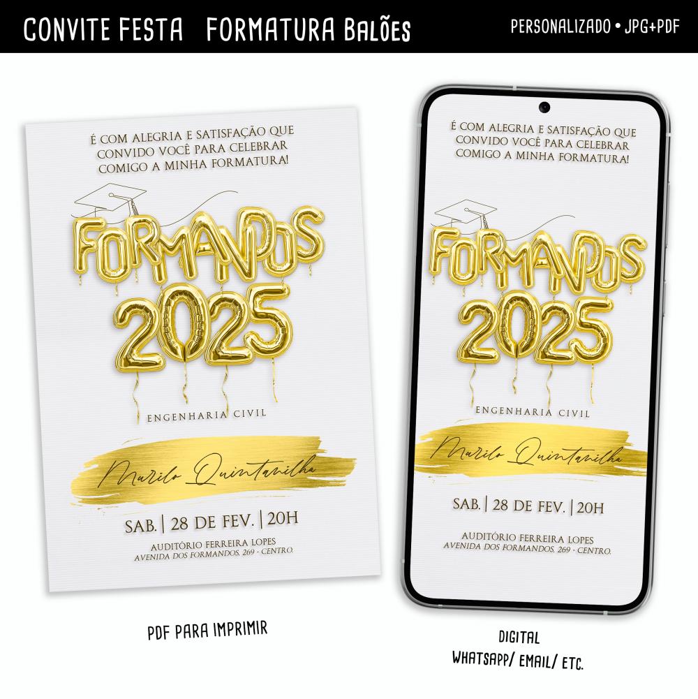 Convite Digital Formatura Balões Metalizados