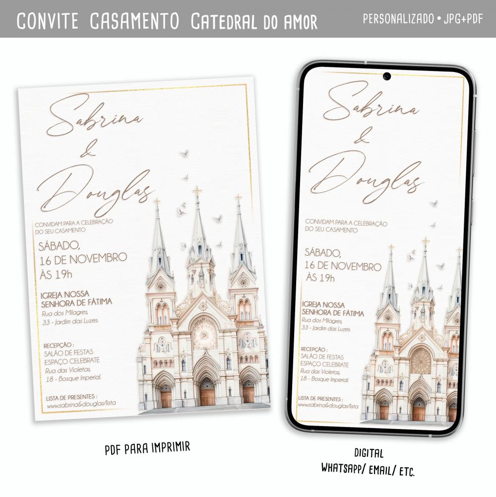 Convite Digital Casamento Catedral Aquarelada D'amore