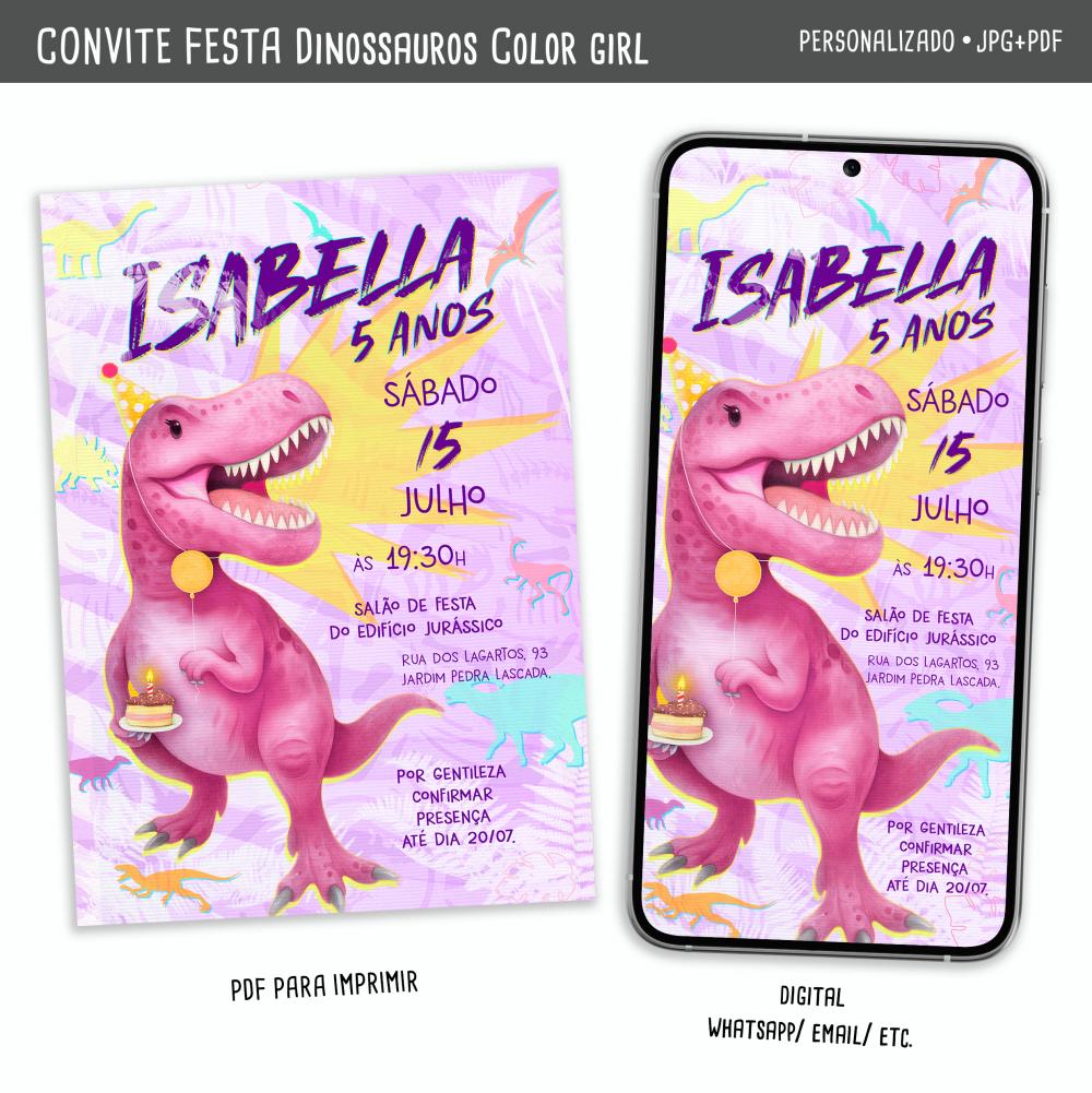 Convite Digital Dinossauros 2 Meninas