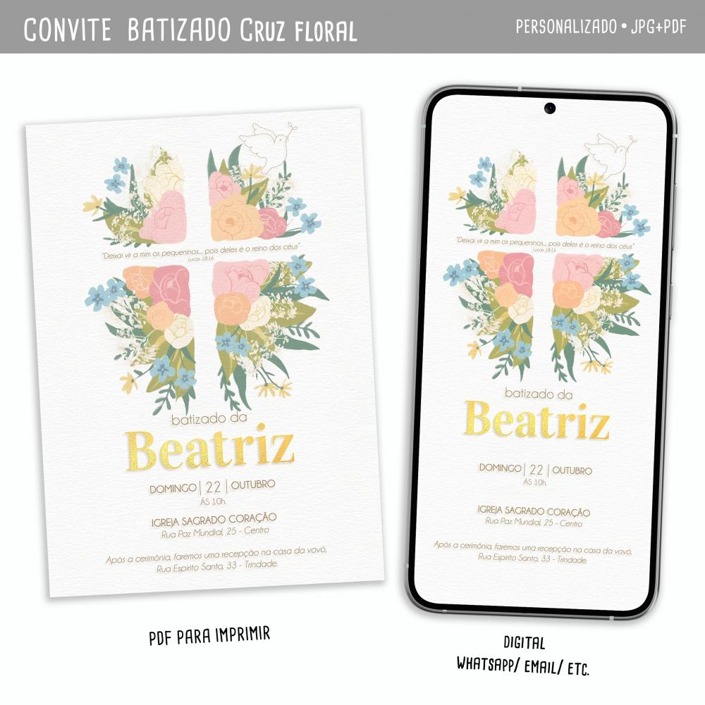 Convite Digital Batismo Cruz Floral Menina