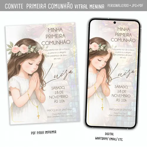 Convite Digital Primeira Comunhão Vitral Menina
