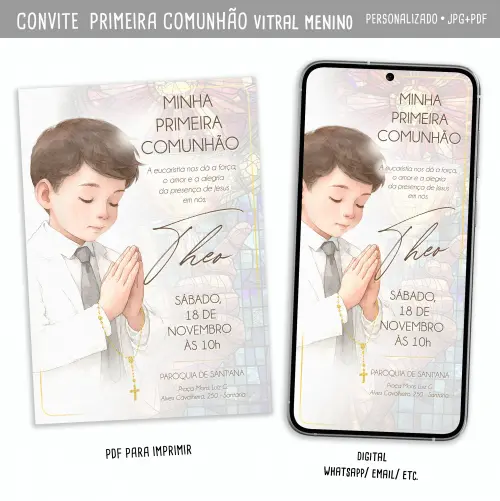Convite Digital Primeira Comunhão Vitral Menina