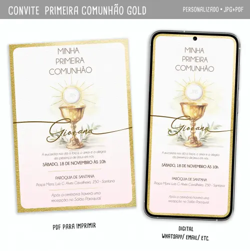 Convite Digital Primeira Comunhão/ Eucaristia Gold Menina