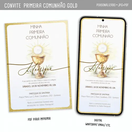 Convite Digital Primeira Comunhão/ Eucaristia Gold Menina