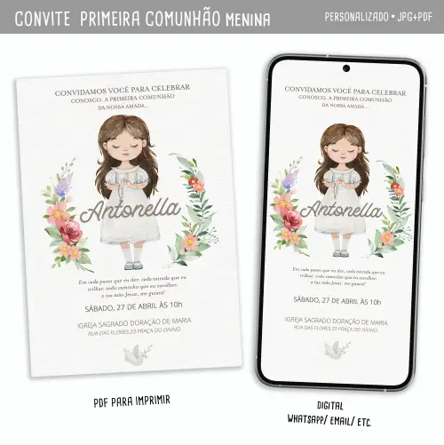 Convite Digital Primeira Comunhão Fofo Menina