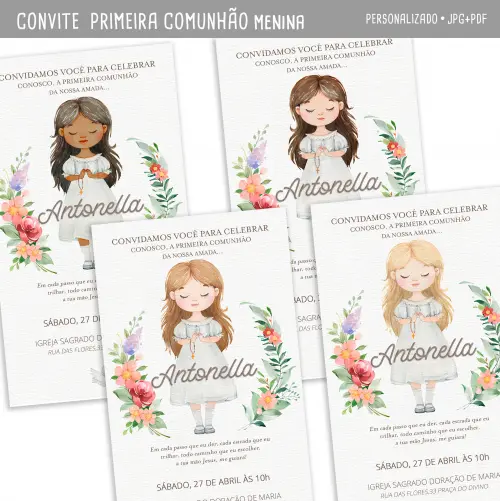 Convite Digital Primeira Comunhão Fofo Menina