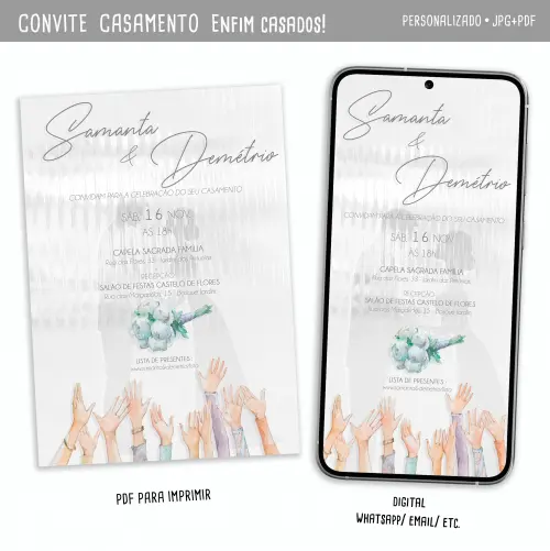 Convite Digital Casamento Clássico Aquarelado/ Enfim Casados