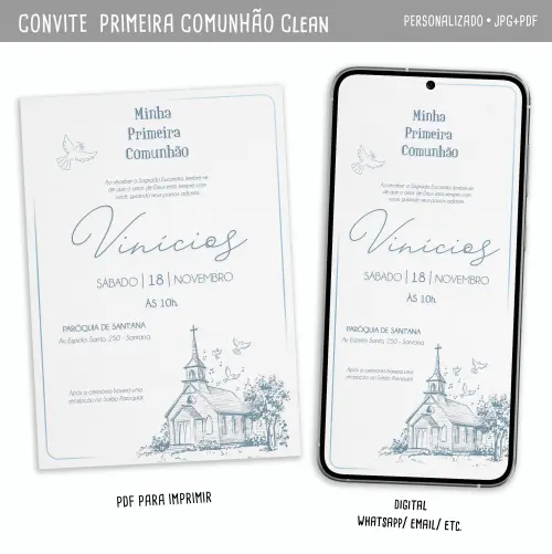 Convite Digital Primeira Comunhão Clean Menino