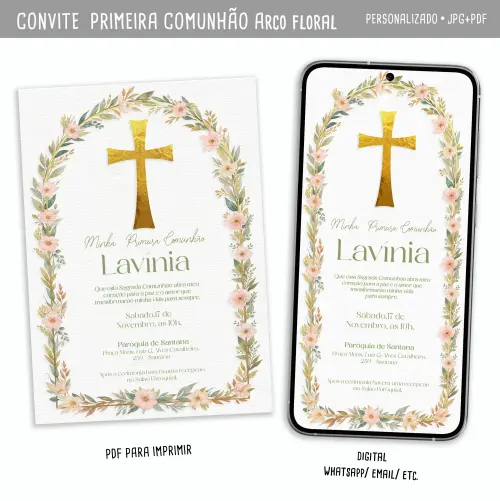 Convite Digital Primeira Comunhão Arco Floral Menina