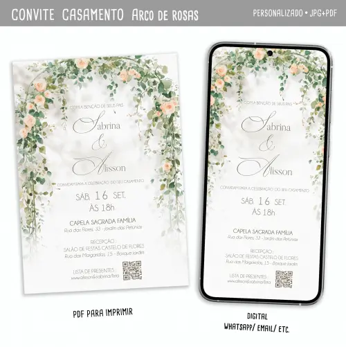 Convite Digital Casamento Floral/ Rosas champagne