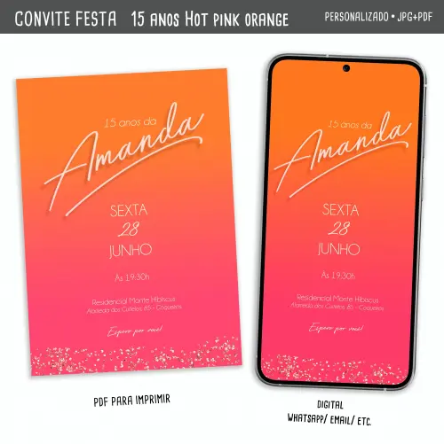 Convite Digital 15 Anos Hot Pink Orange/ Rosa e Laranja
