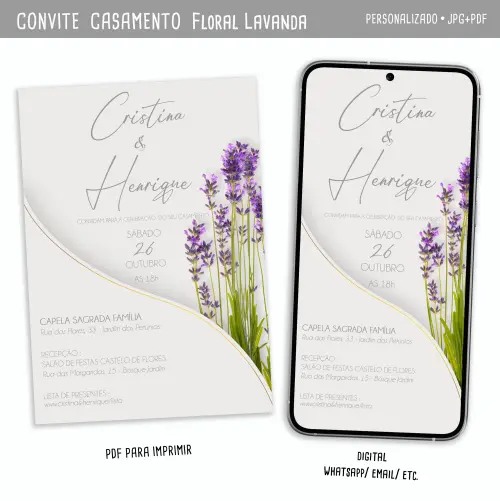 Convite Digital Casamento Floral Lavanda/ Lavandário