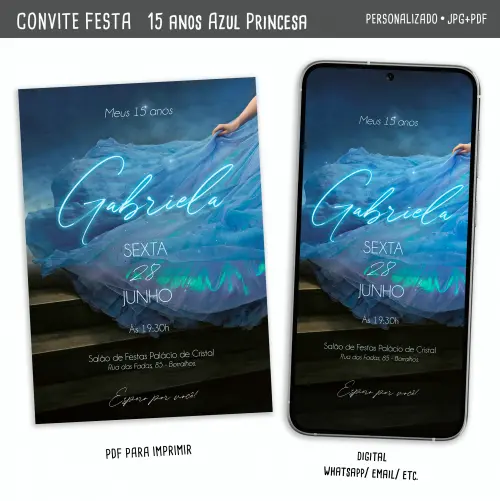 Convite Digital 15 Anos Azul Princesa Cinderela
