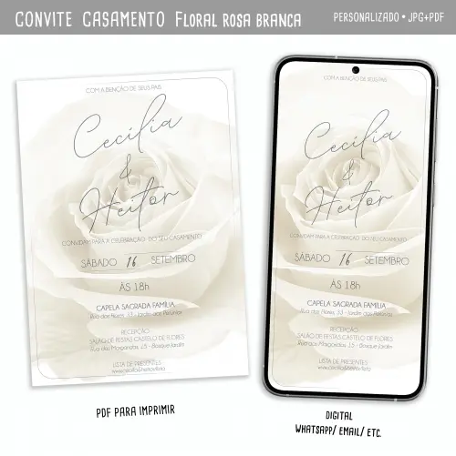 Convite Digital Casamento Floral/ Rosa Branca