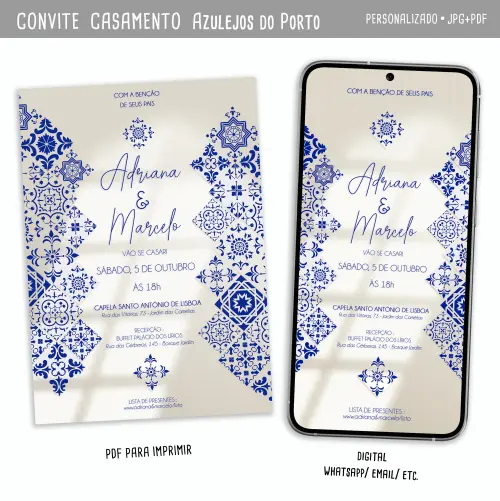 Convite Digital Casamento Azulejos do Porto/ Azul Vintage