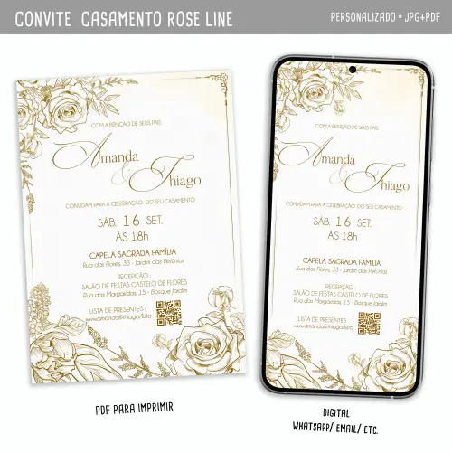 Convite Digital Casamento Rose Line / Casamento Champanhe