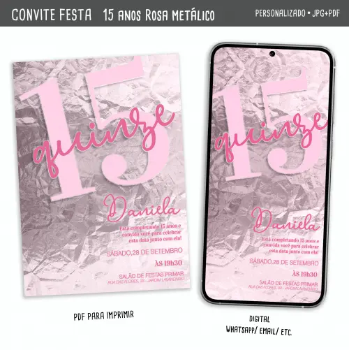 Convite Digital 15 Anos Rosa Metálico