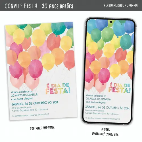 Convite Digital 30 Anos Balões (unisex/para Todas as Idades)