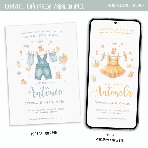 Convite Digital Chá de Fralda/bebê Varal do Amor