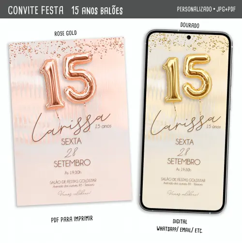 Convite Digital 15 Anos Balões Metálicos