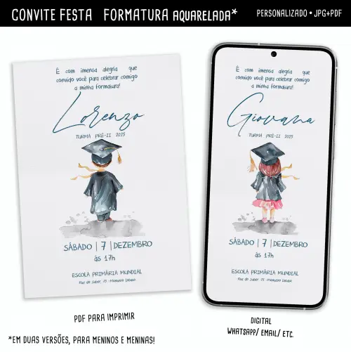 Convite Digital Formatura Aquarelada Kids / Menino & Menina