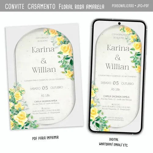 Convite Digital Casamento Floral/ Rosas Amarelas