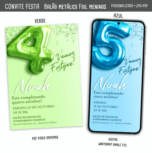 Convite Digital Balão Metálico Foil Meninos