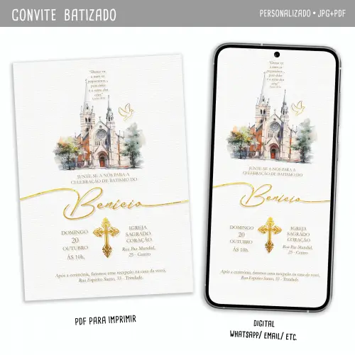 Convite Digital Batismo Igreja Gold/ Unisex