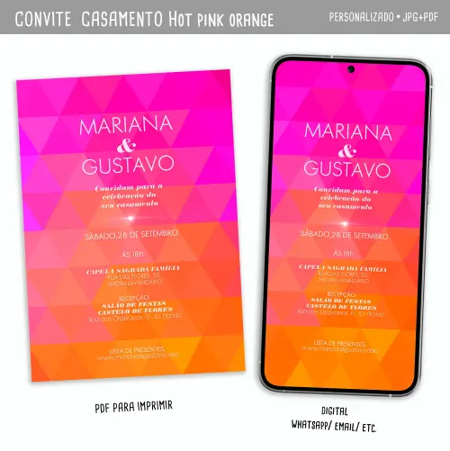 Convite Digital Casamento Hot Pink Orange